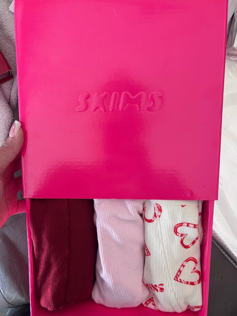 SKIMS Hot Pink Gift Box with Burgundy, Light Pink & Heart-Print Intimates